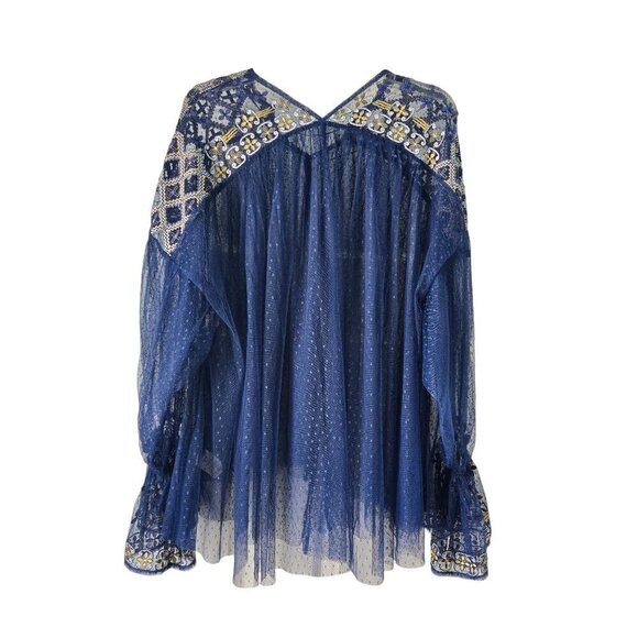 Free People Joyride Sheer Navy Bohemian Tulle Embroidered Top Size S - Picture 3 of 14